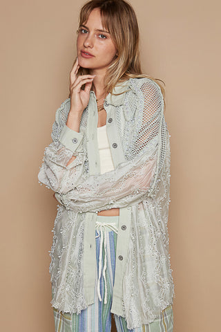 Beaded Sage Lace Button Down