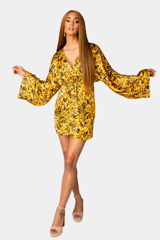 Yellow Brown Satin Wide sleeve dress