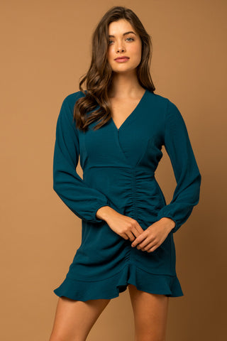 Long Sleeve Ruched Teal Dress