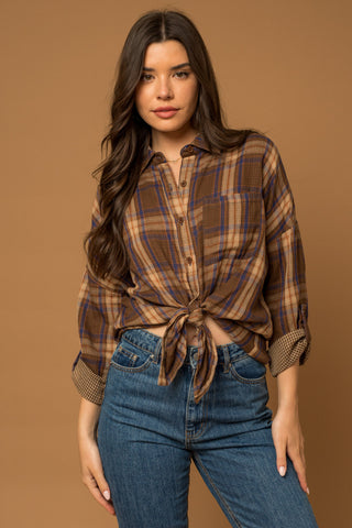 Washed Grid Brown Plaid Shirt